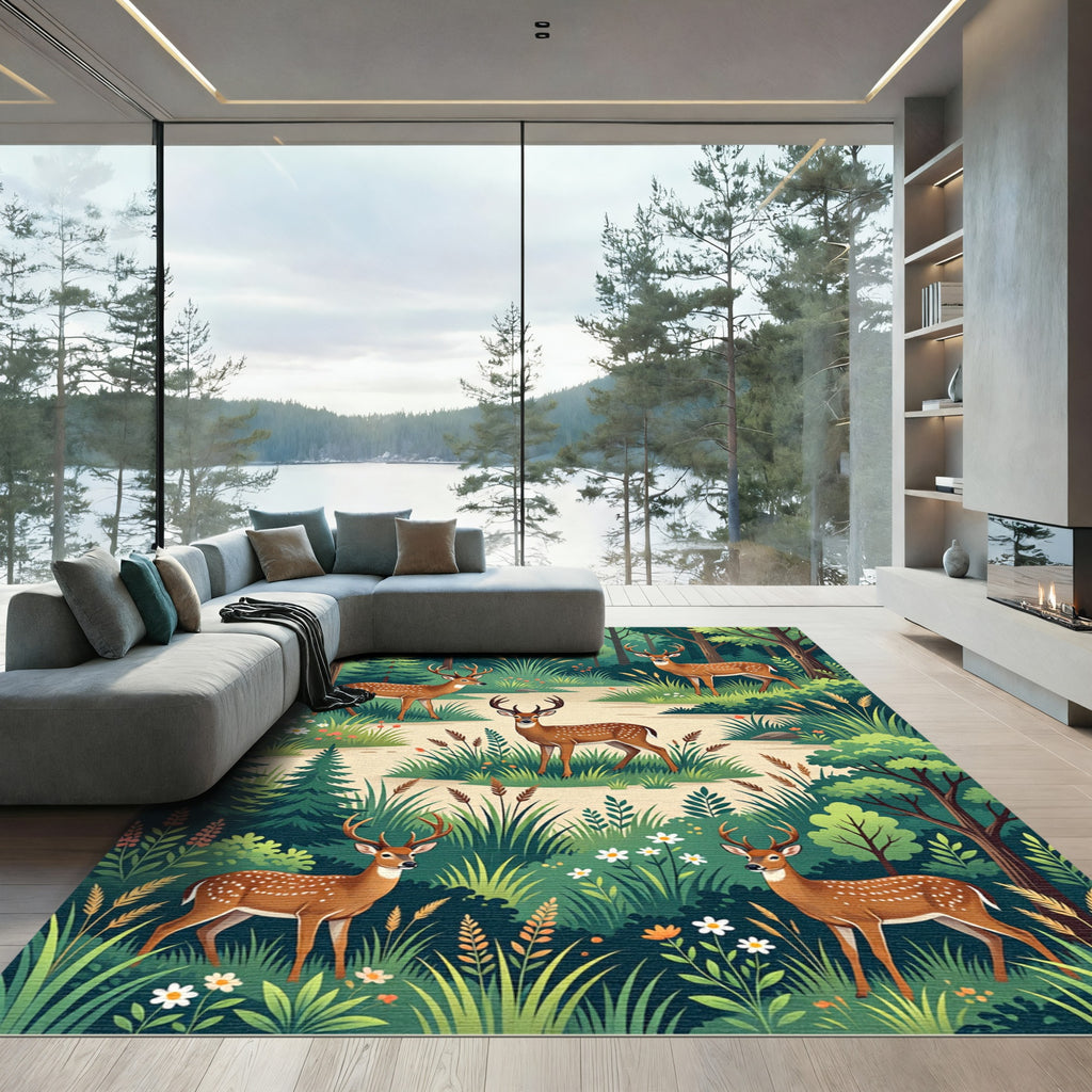 Enchanted Woodland Forest Deer Scene Rug