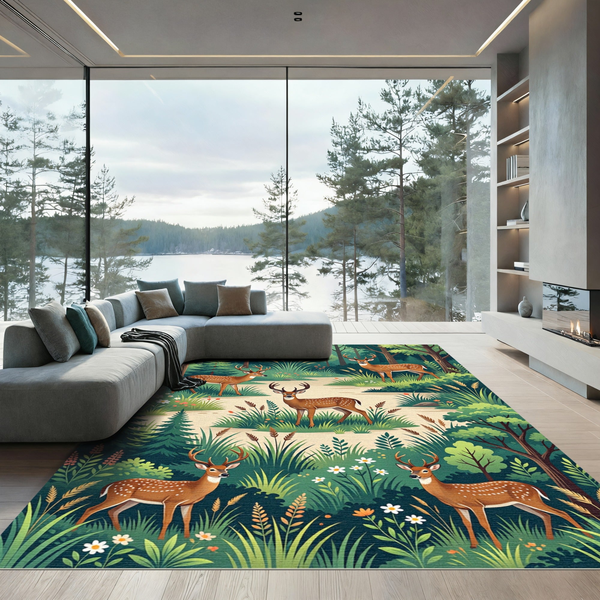 Enchanted Woodland Forest Deer Scene Rug