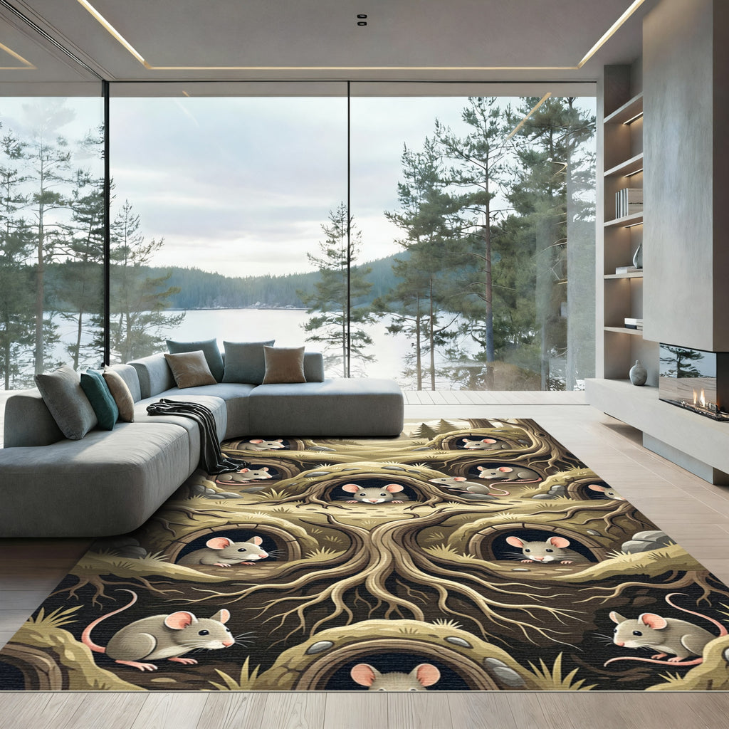 Whimsical Forest Mouse Underground Burrow Rug