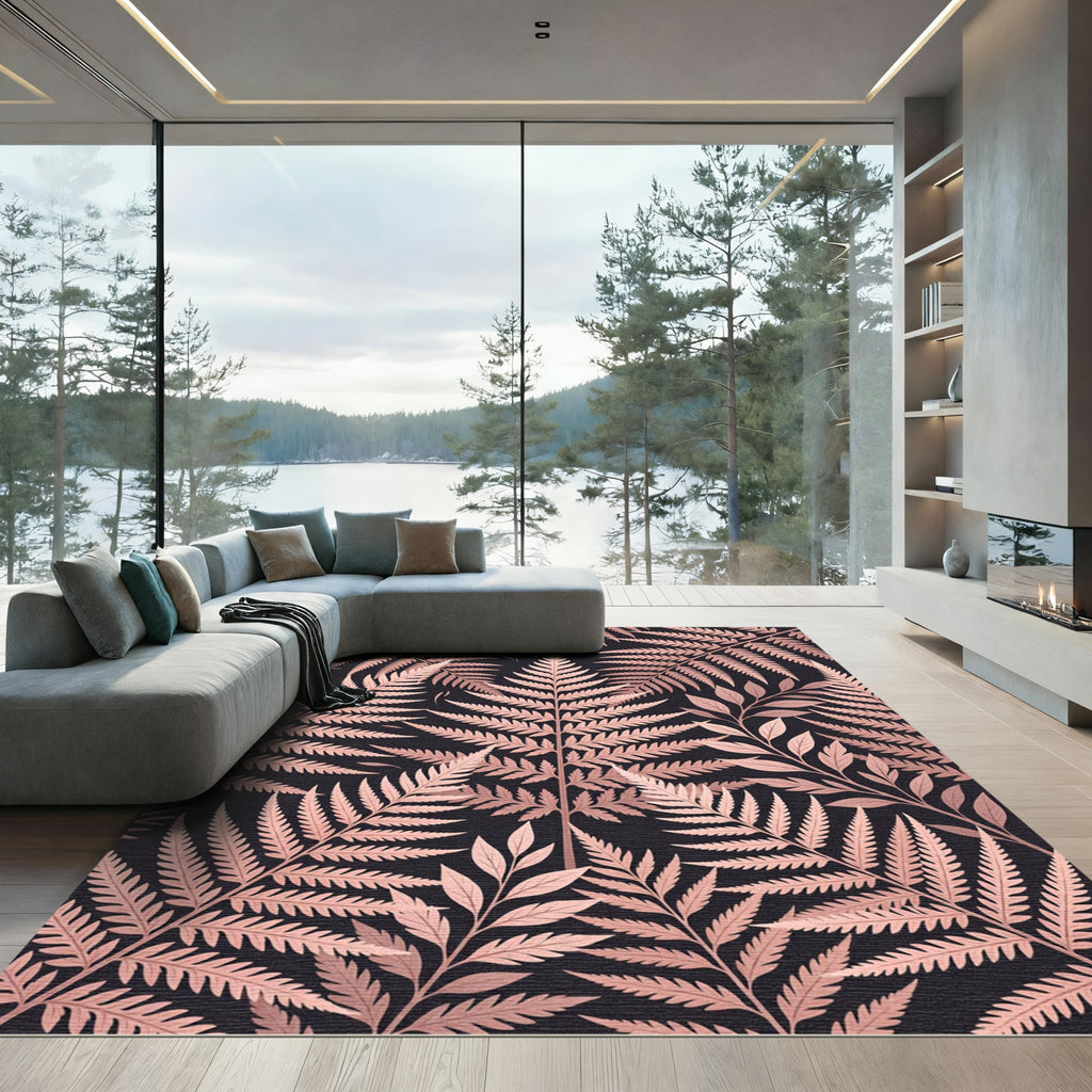 Rose Gold Fern Foliage Pattern Rug