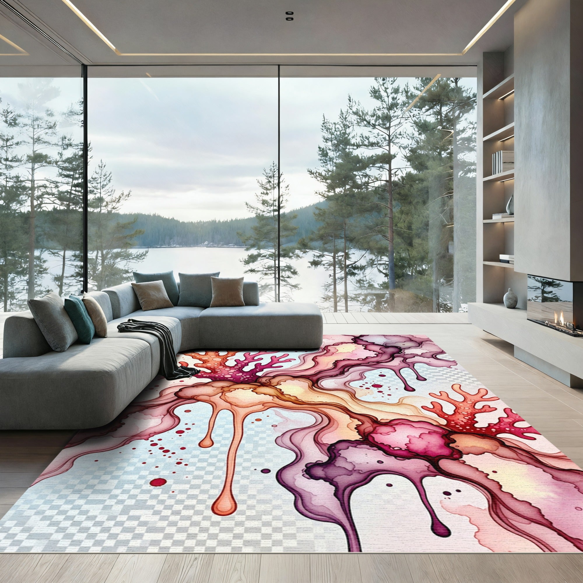 Crimson Coral Ink Flow Rug