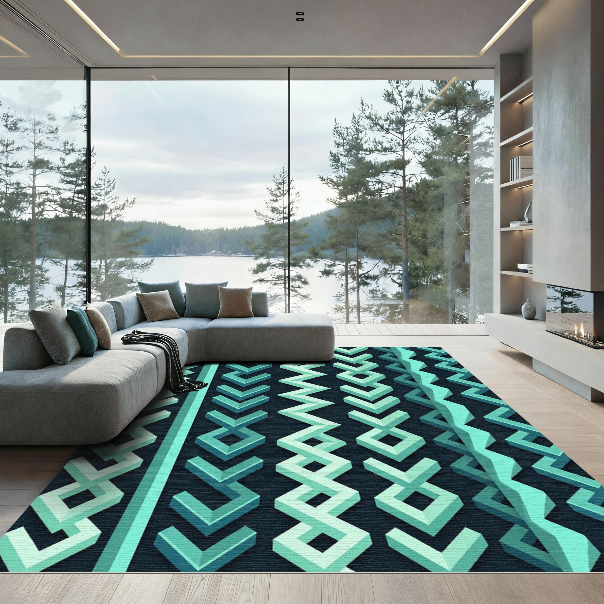 Teal Abstract Geometric Interlocking Shapes Rug