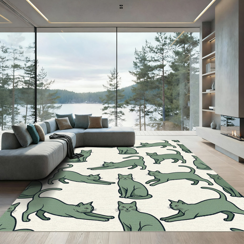 Sage Green Minimalist Stretching Cat Illustration Rug