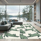 Sage Green Minimalist Stretching Cat Illustration Rug