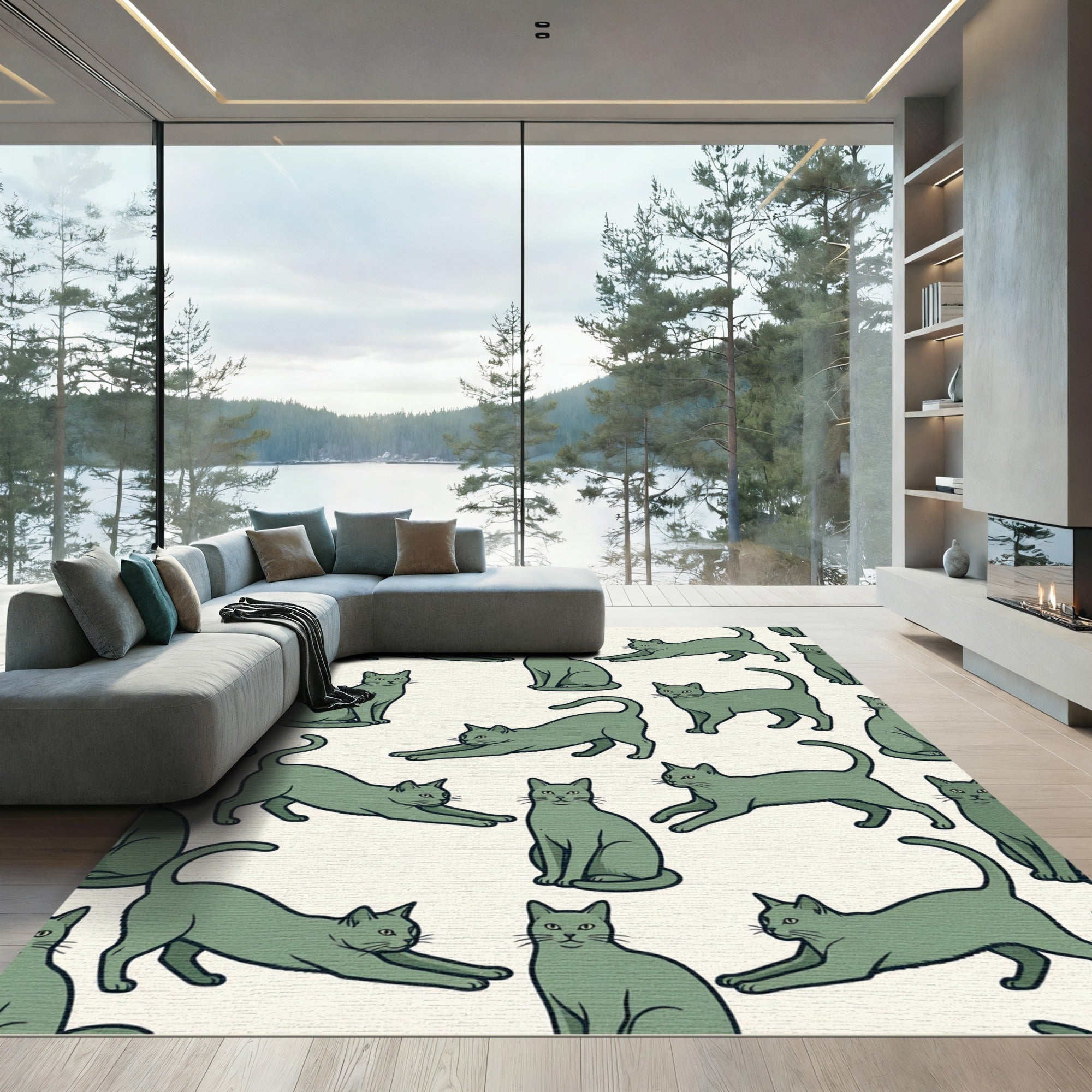Sage Green Minimalist Stretching Cat Illustration Rug