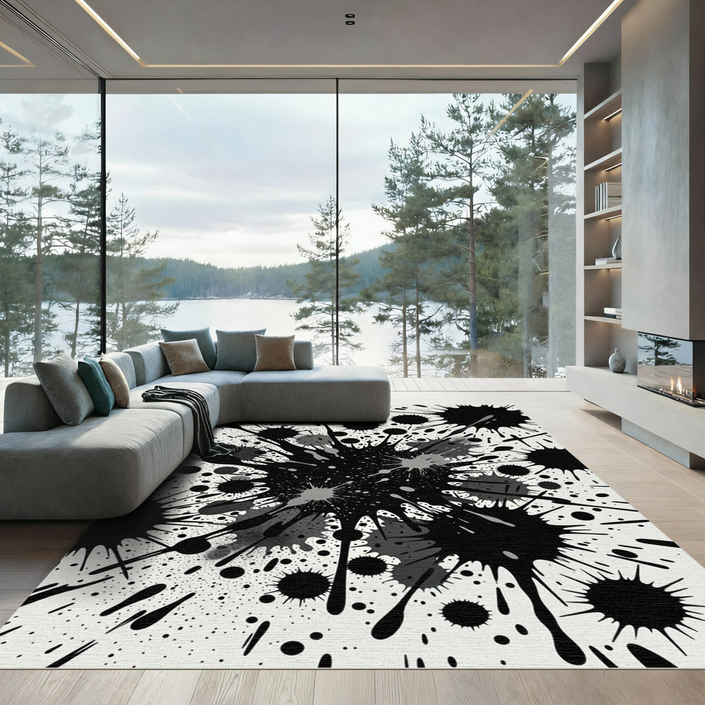 Bold Black Ink Abstract Splatter Rug