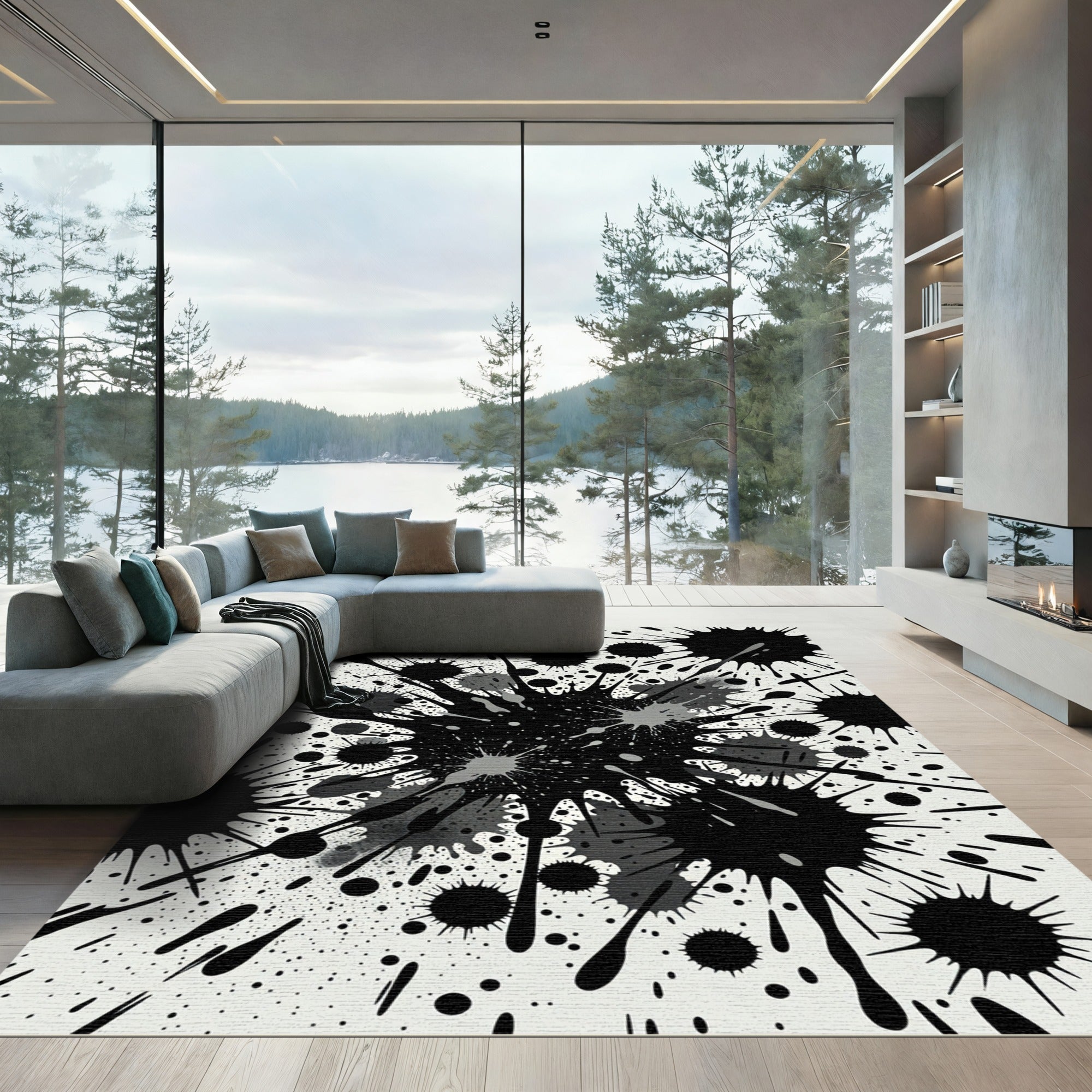 Bold Black Ink Abstract Splatter Rug