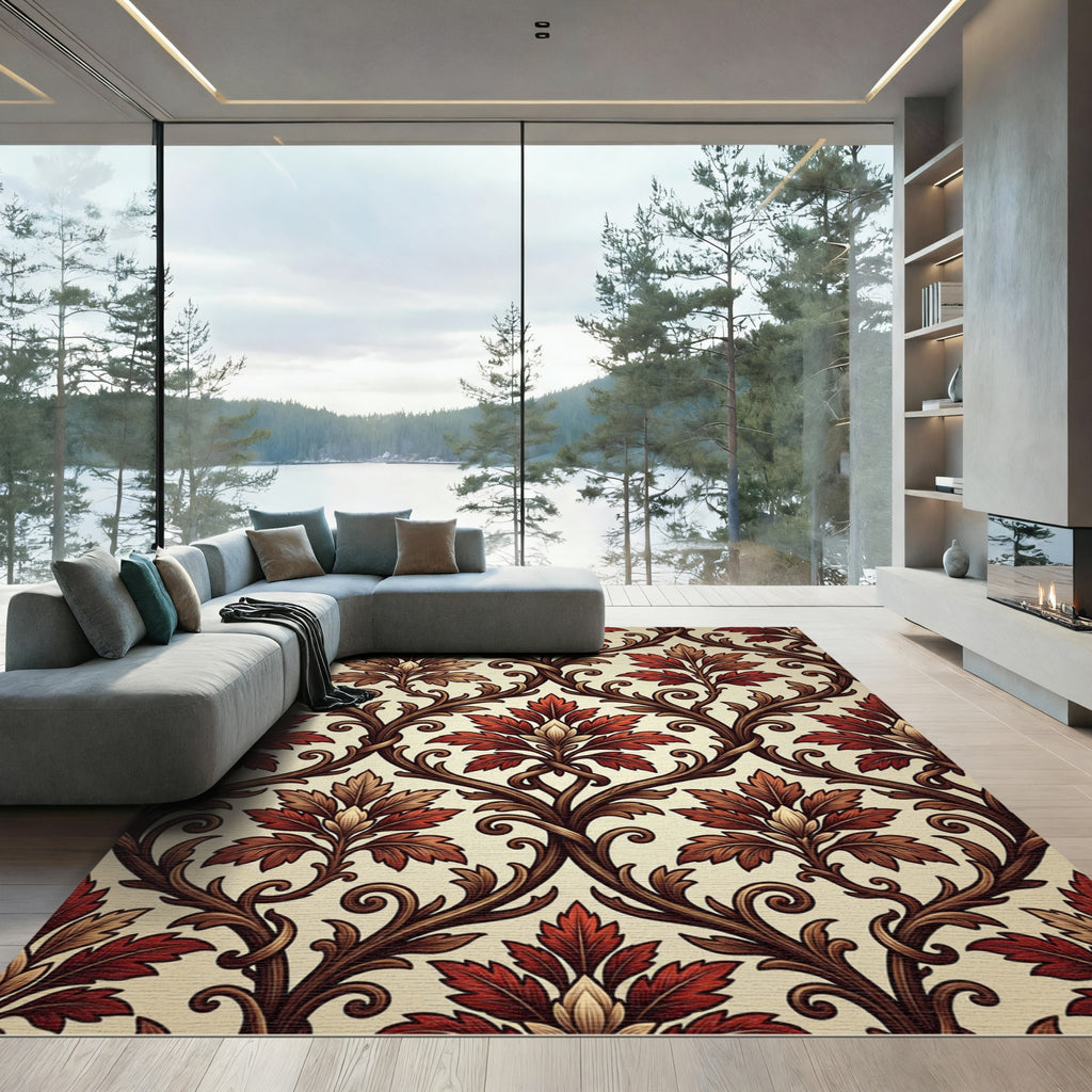 Crimson Autumnal Scroll Vine Rug