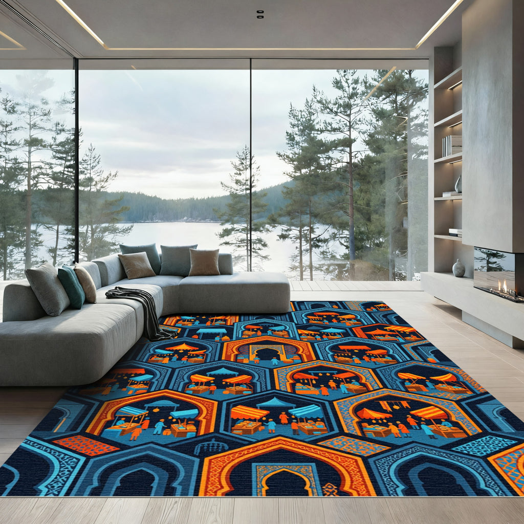 Vibrant Geometric Arch Orange Blue Mosaic Rug