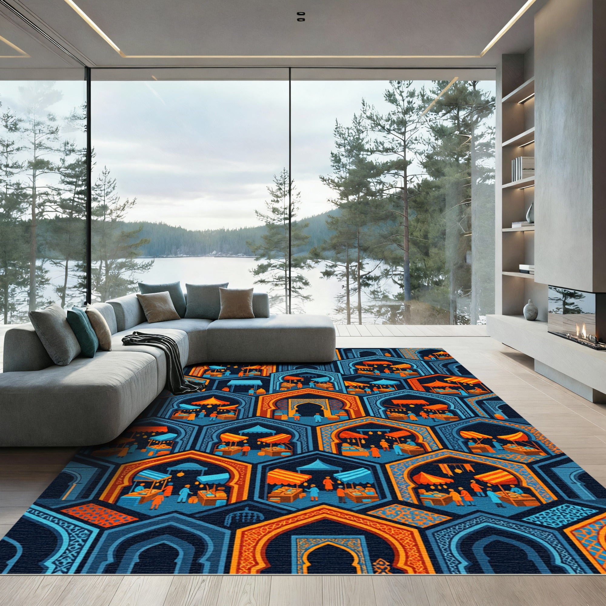 Vibrant Geometric Arch Orange Blue Mosaic Rug