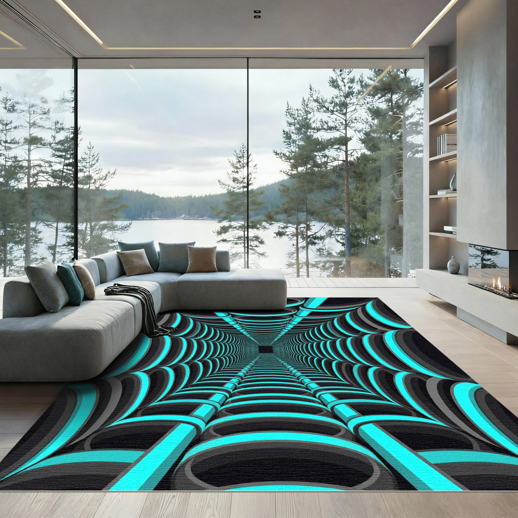 Neon Cyan Glowing Geometric Tunnel Rug