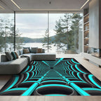 Neon Cyan Glowing Geometric Tunnel Rug