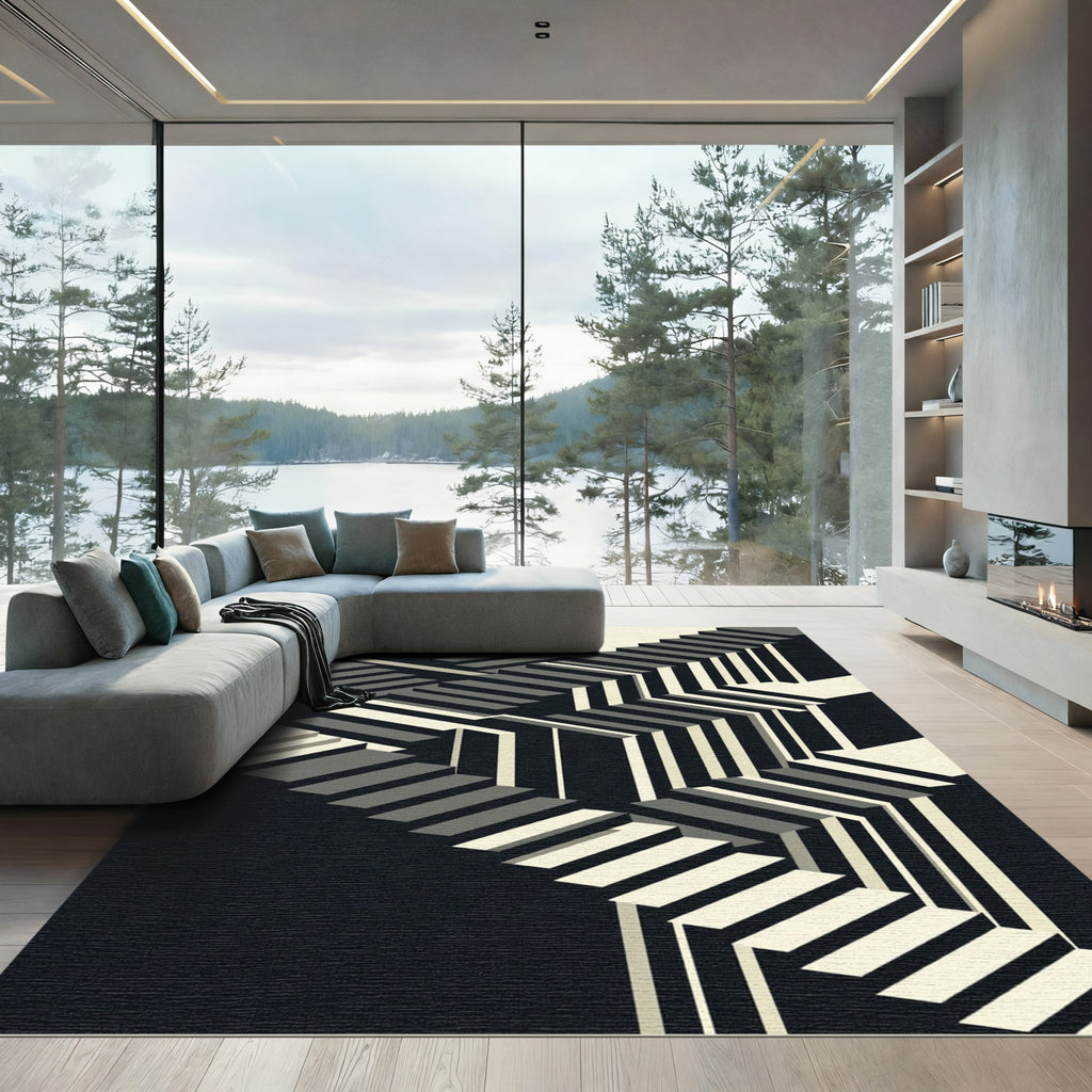 Monochrome Geometric Illusion Stairs Rug