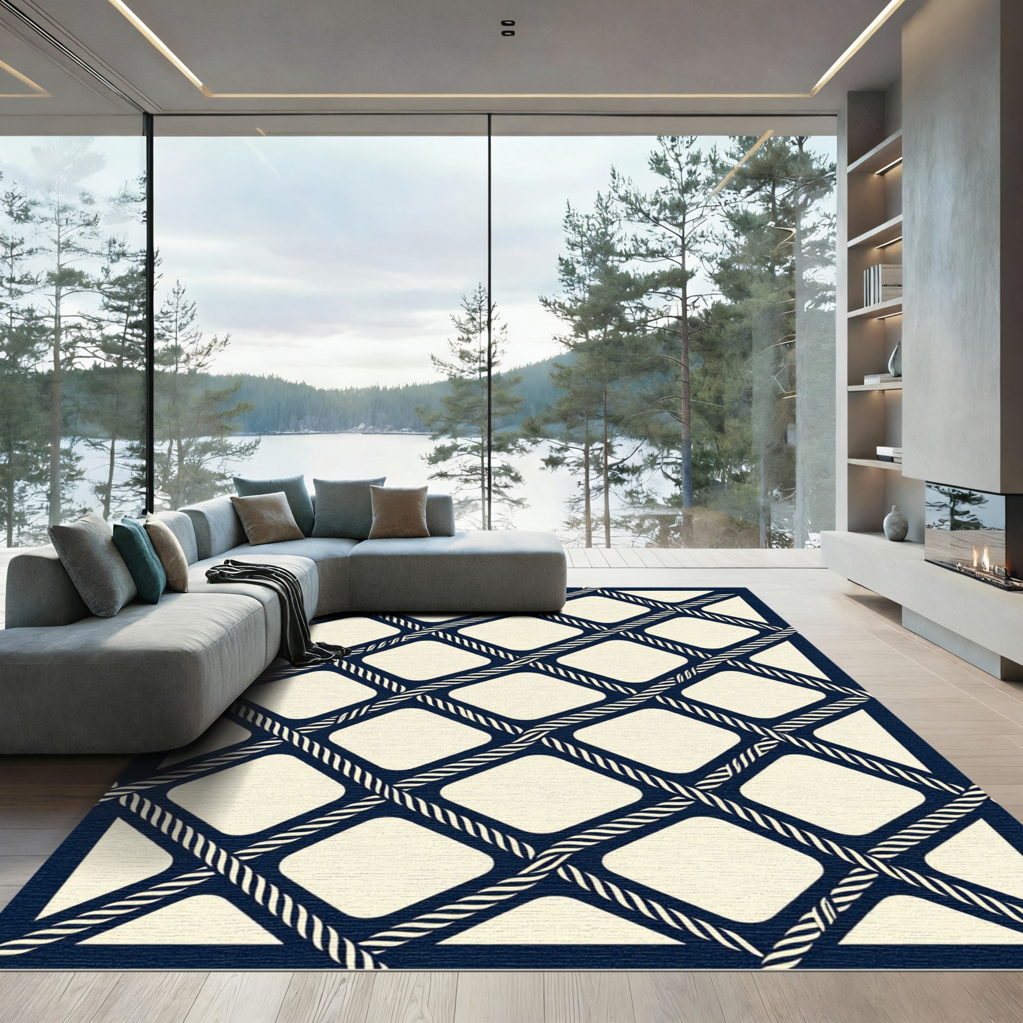 Navy Nautical Rope Grid Lattice Rug