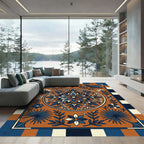 Terracotta Blue Floral Medallion Stripes Rug