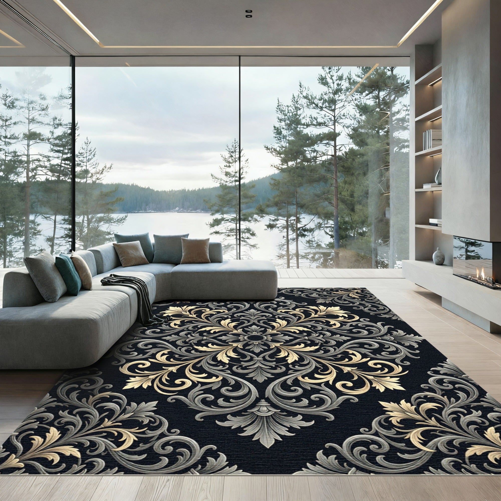 Ornate Gold and Gray Damask Rug