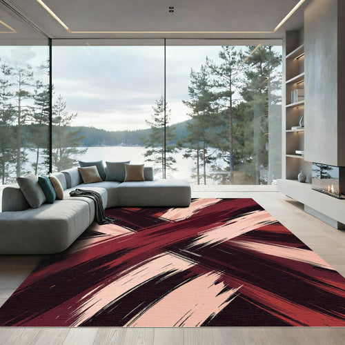 Abstract Crimson and Blush Brush Strokes Rug