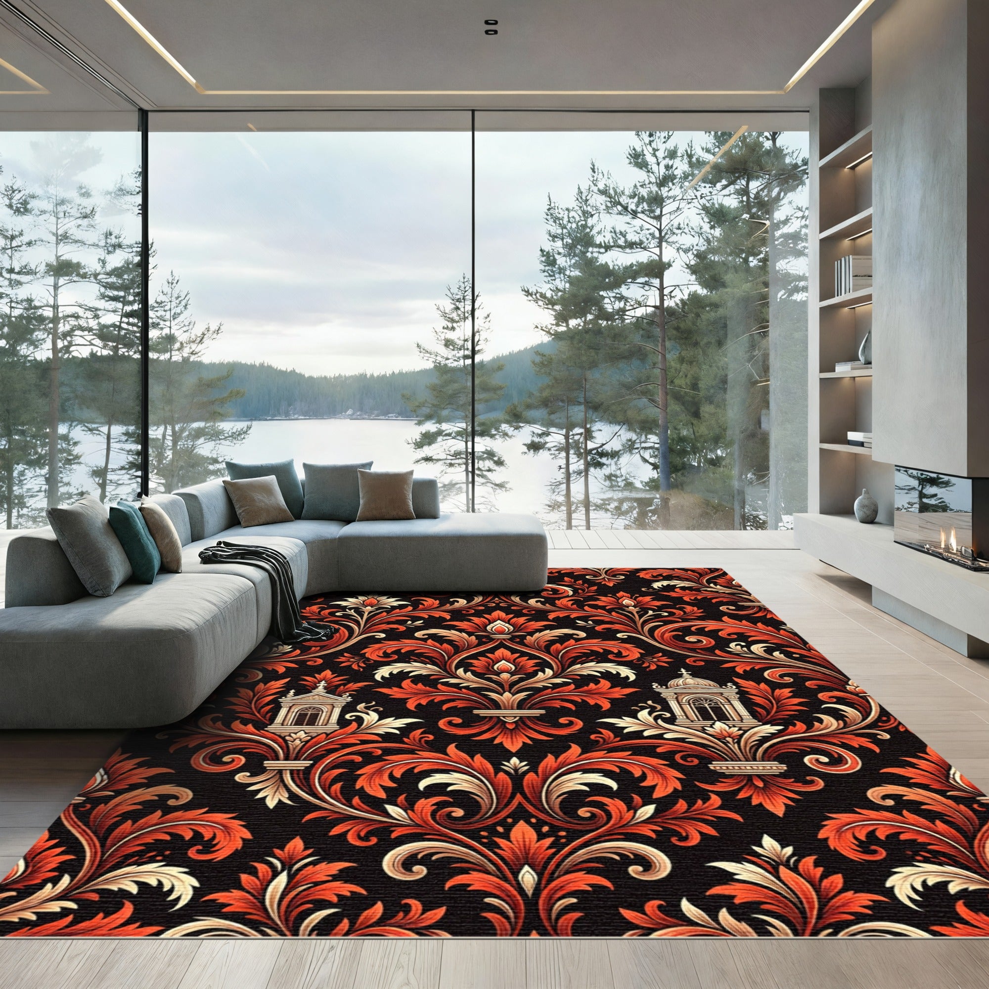 Ornate Crimson Baroque Damask Scroll Rug