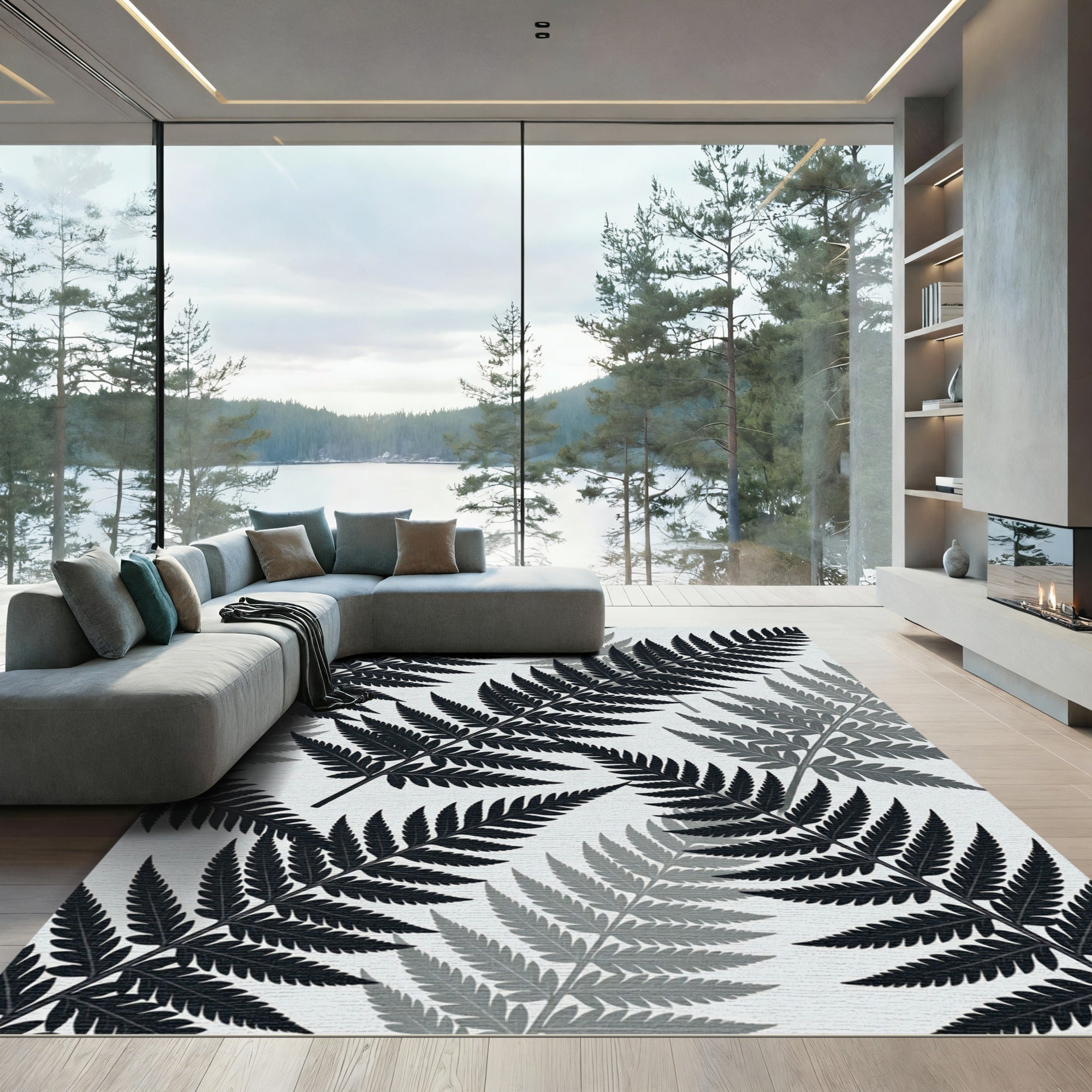 Monochromatic Charcoal Botanical Fern Leaf Rug