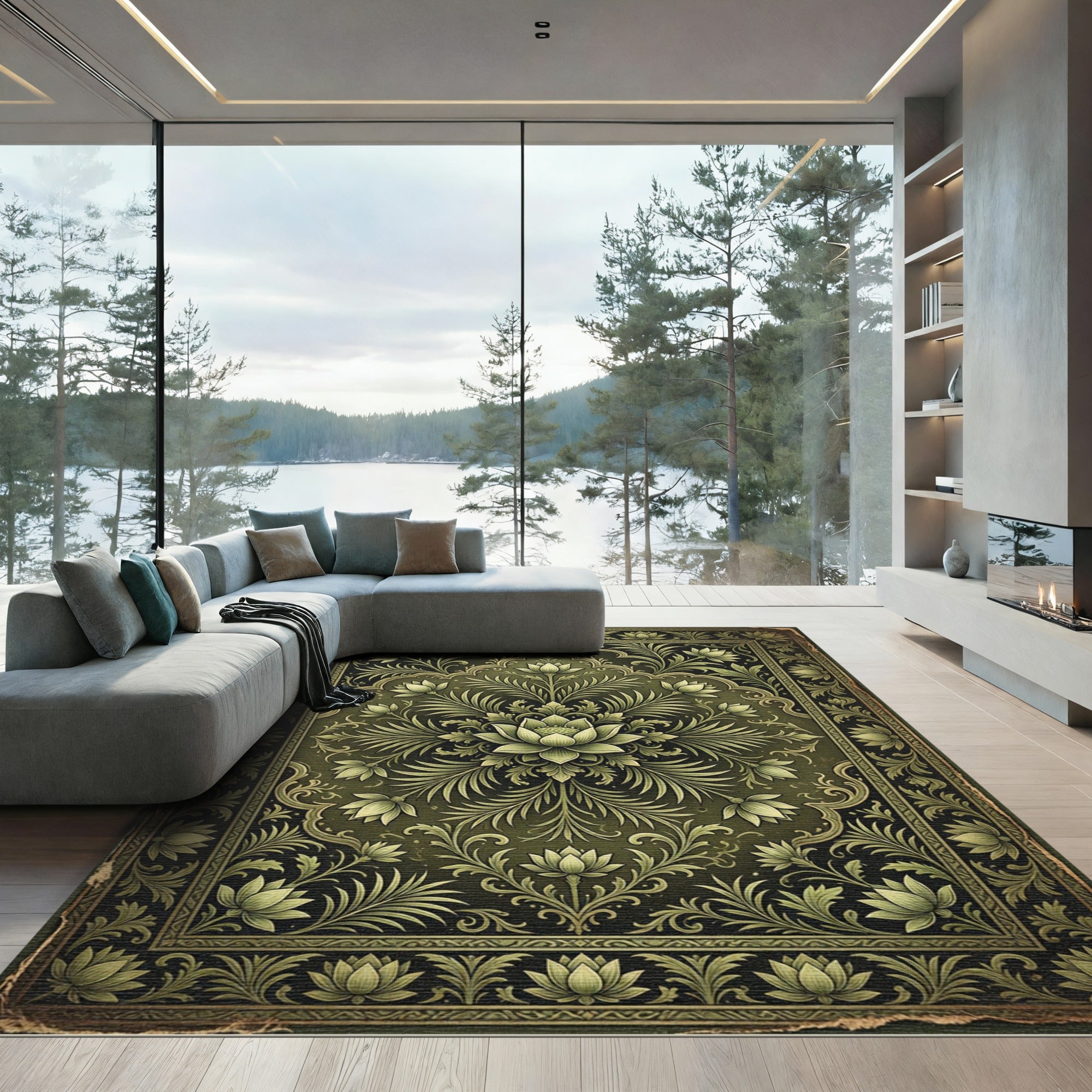Elegance Sage Lotus Botanical Medallion Rug