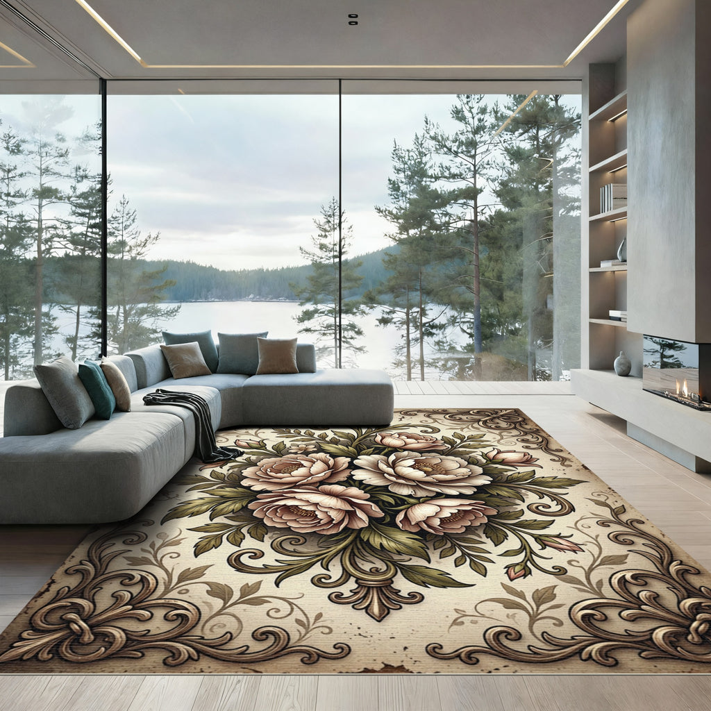 Elegant Vintage Cream Floral Bouquet Rug