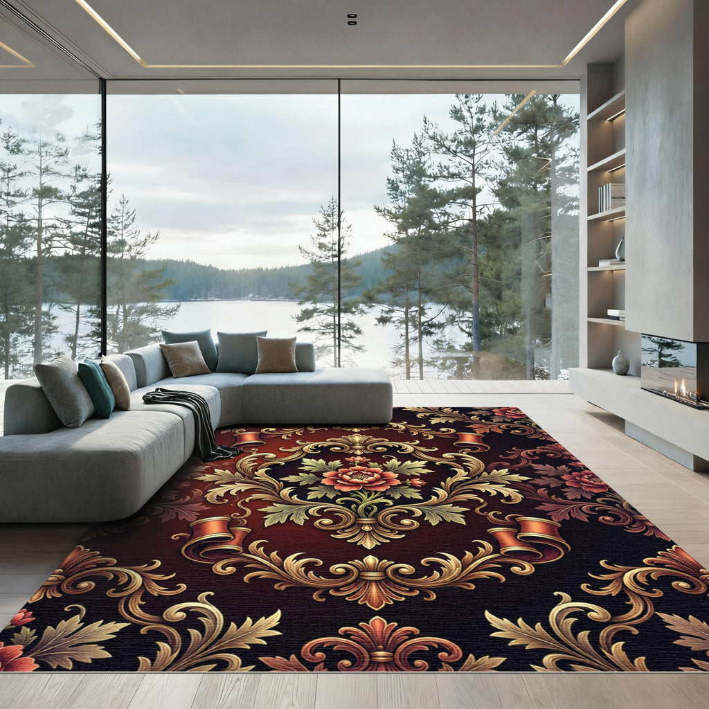Gilded Red Scrollwork Floral Harmony Rug