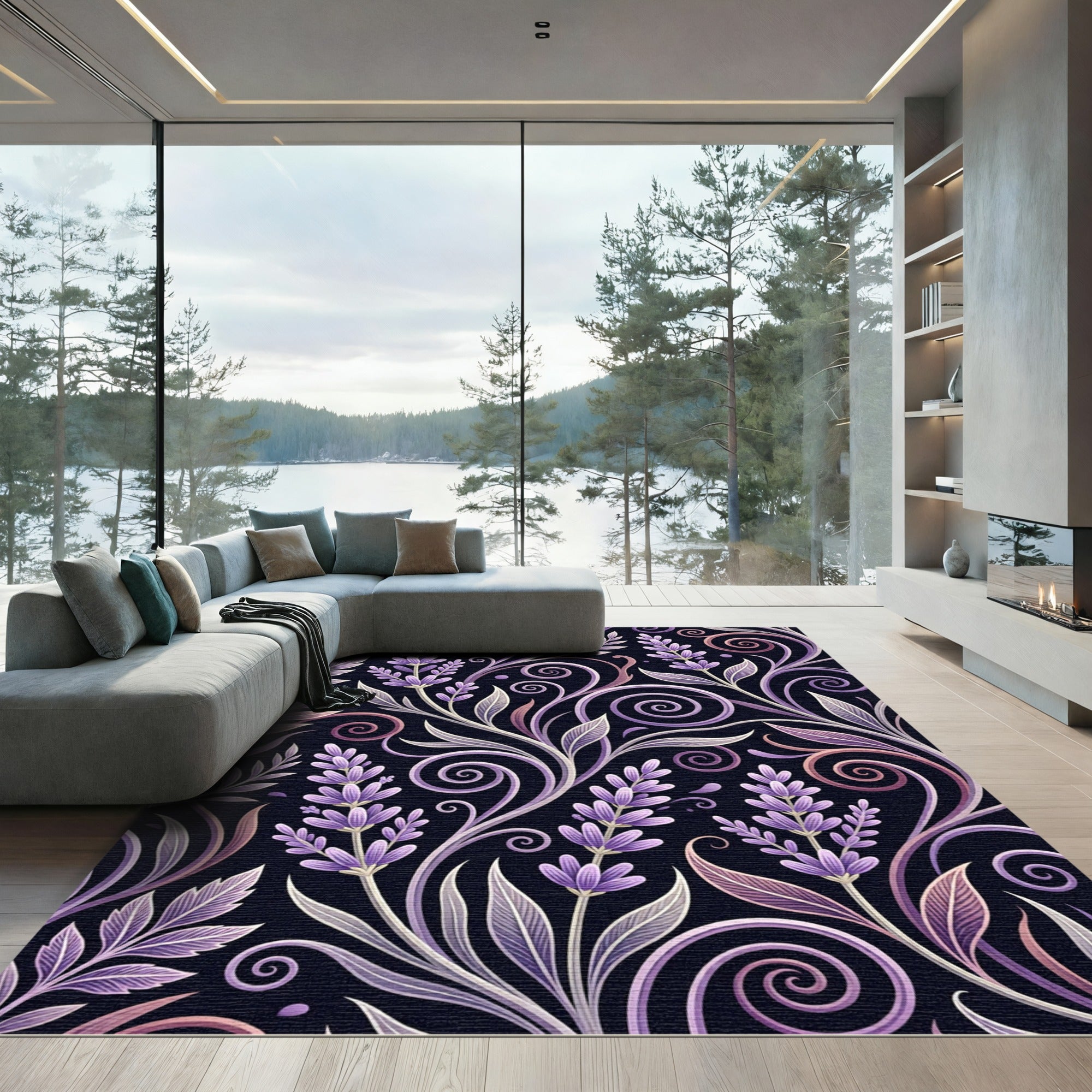 Lavender Floral Swirl Botanical Garden Rug