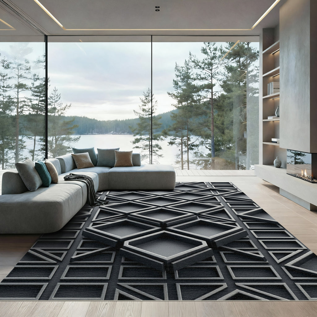 Monochromatic Gray Geometric 3D Cube Rug