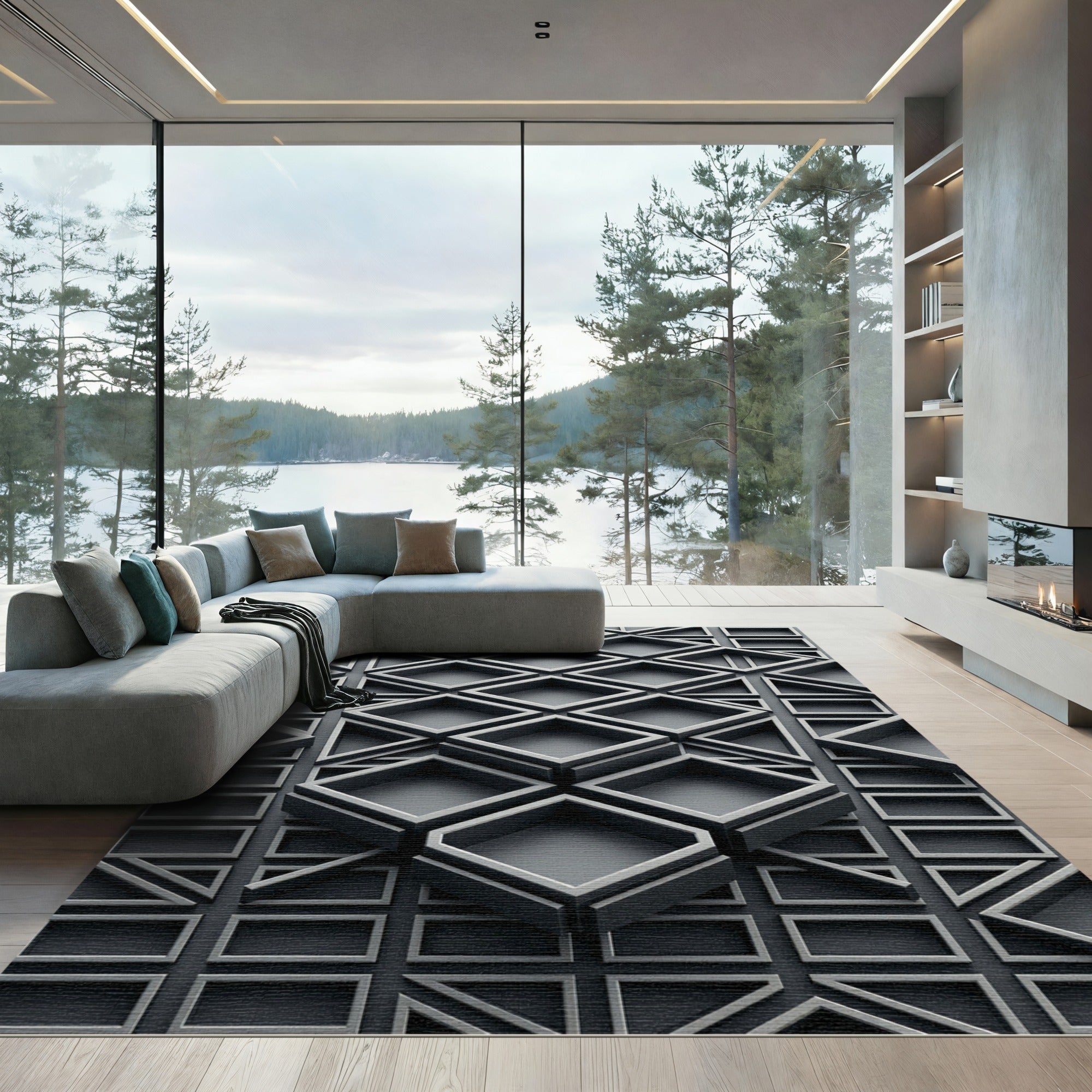 Monochromatic Gray Geometric 3D Cube Rug