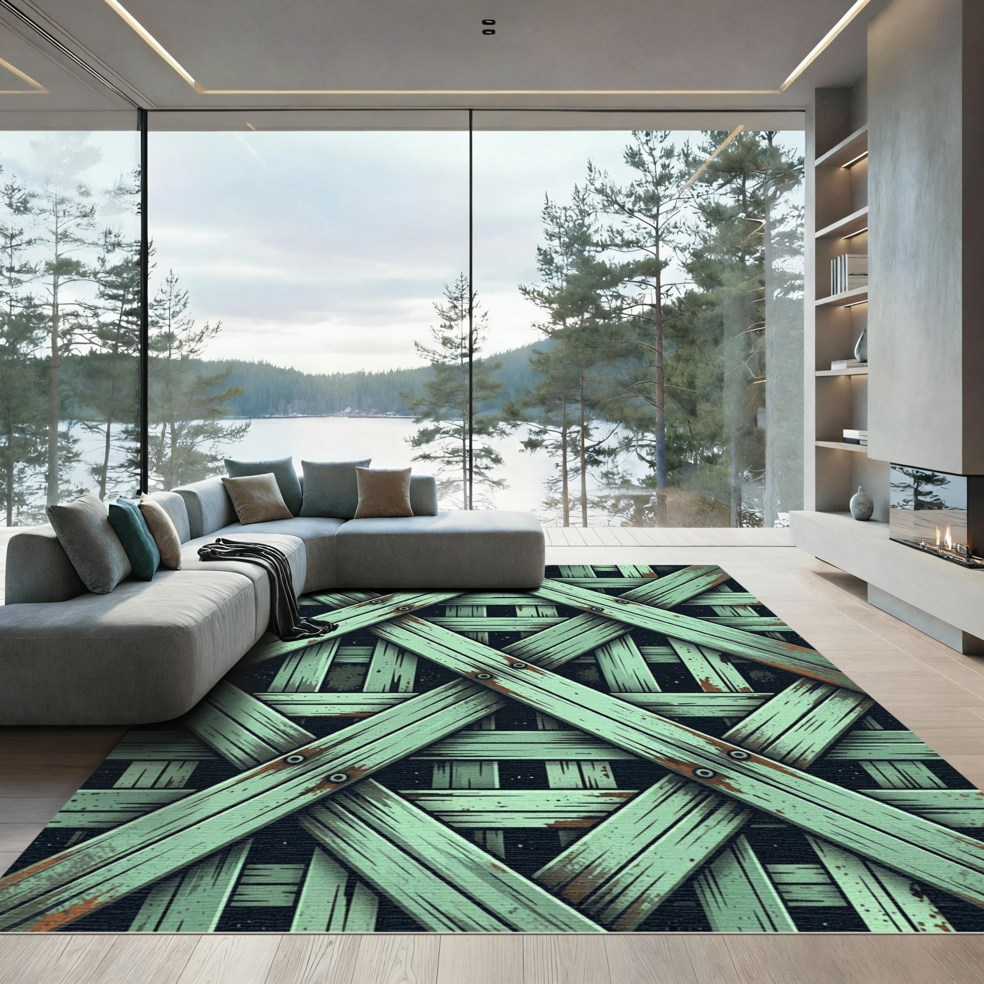 Distressed Mint Green Wood Lattice Rug