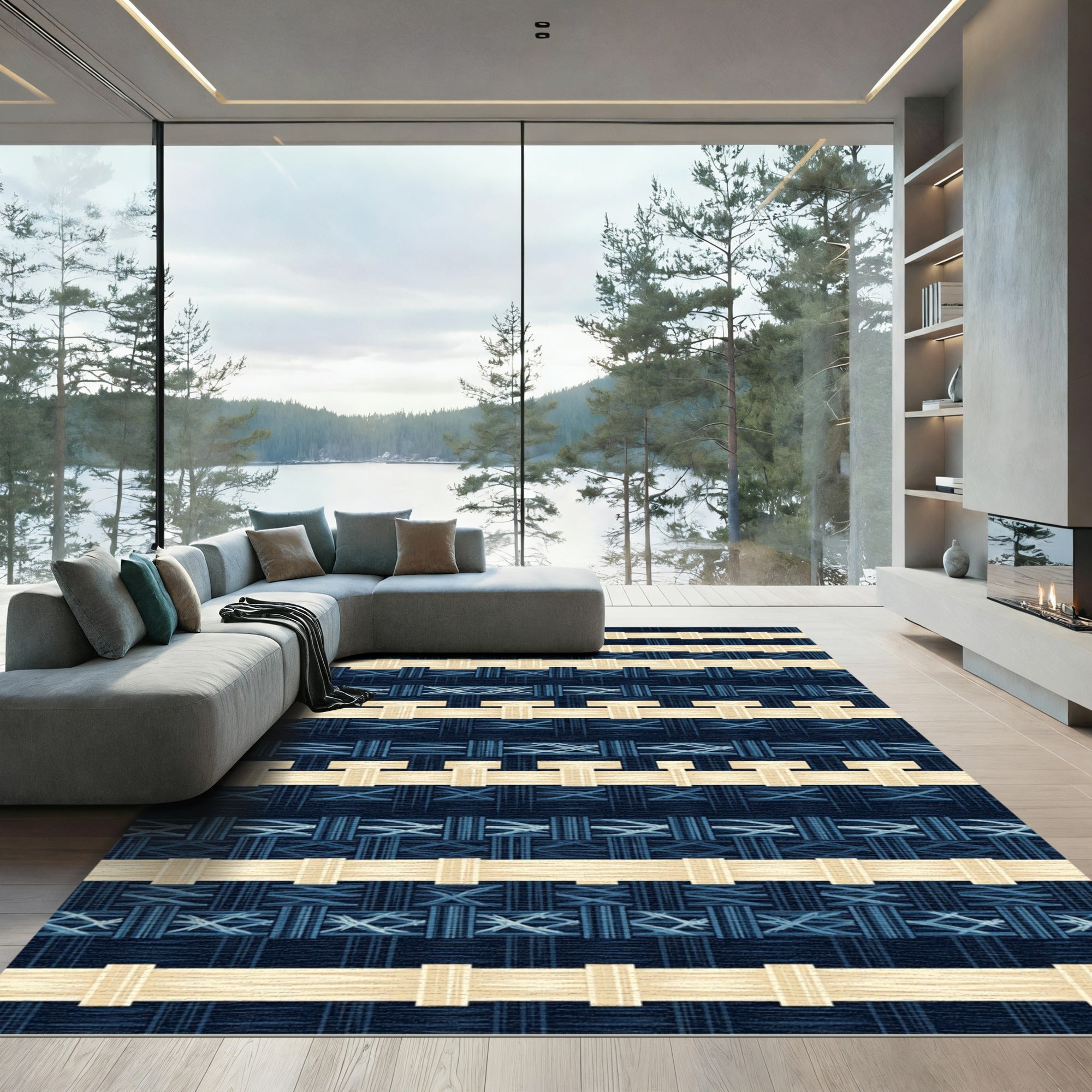 Midnight Navy Indigo Woven Linear Grid Rug