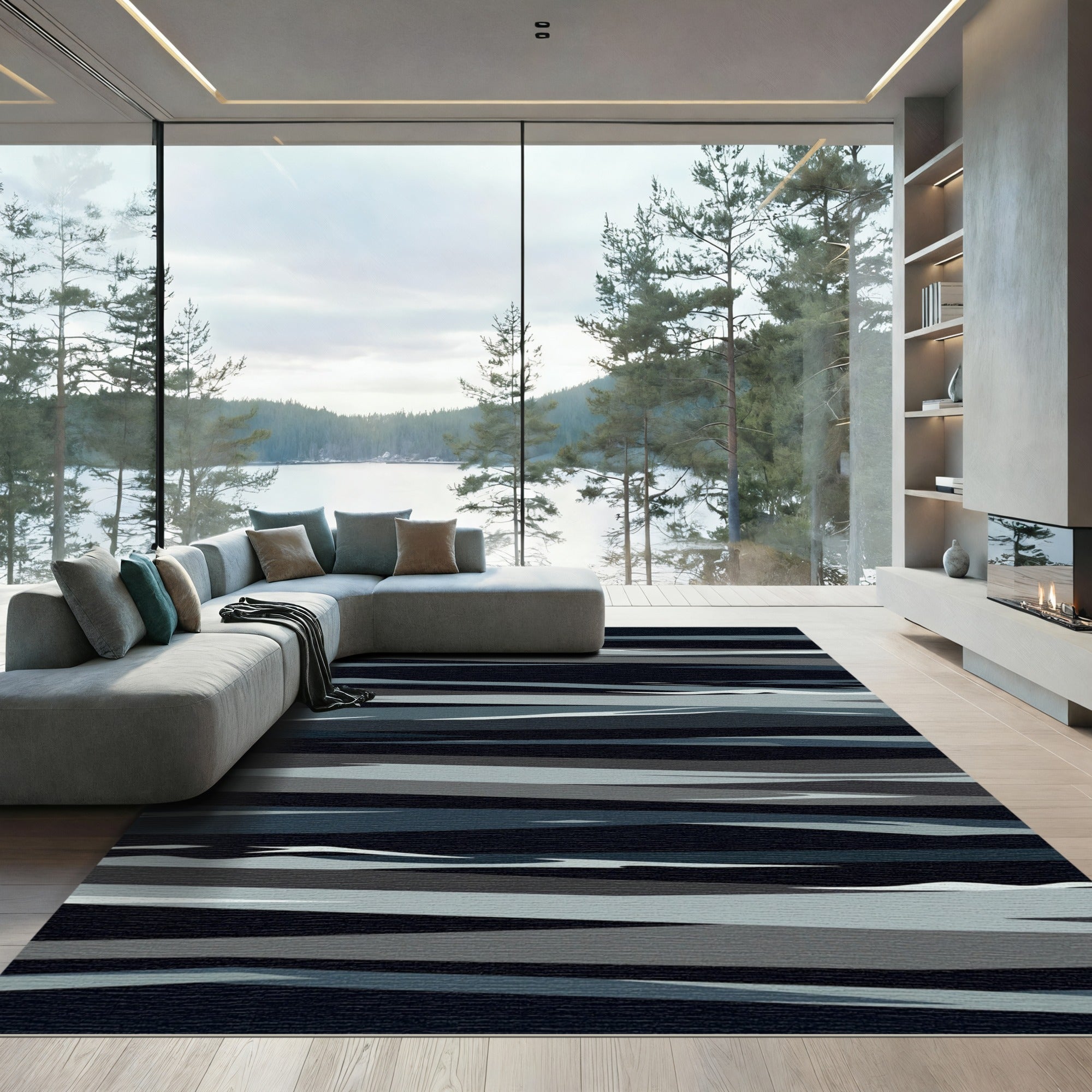 Minimalist Midnight Blue Grey Abstract Wave Rug