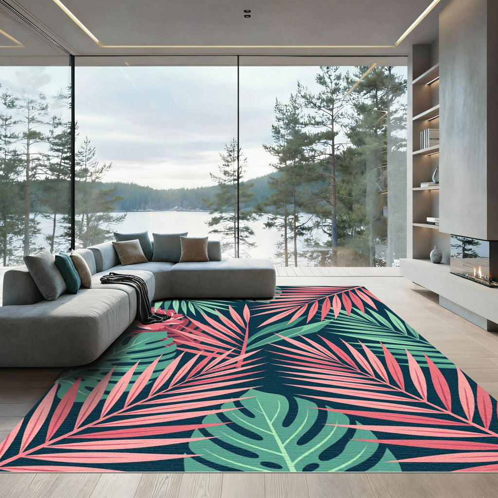 Pink Peony Tropical Leaf Jungle Rug