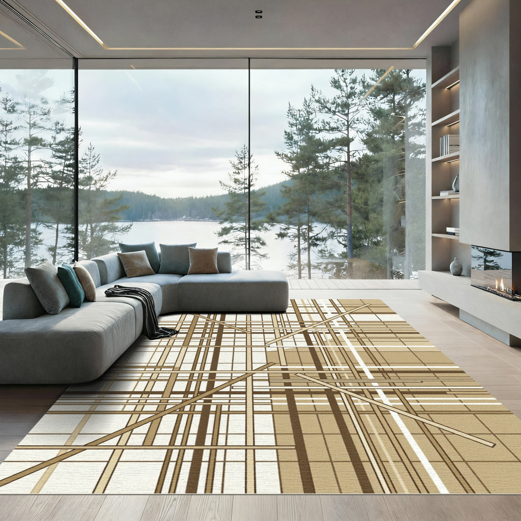 Modern Earthy Geometric Line Grid Rug