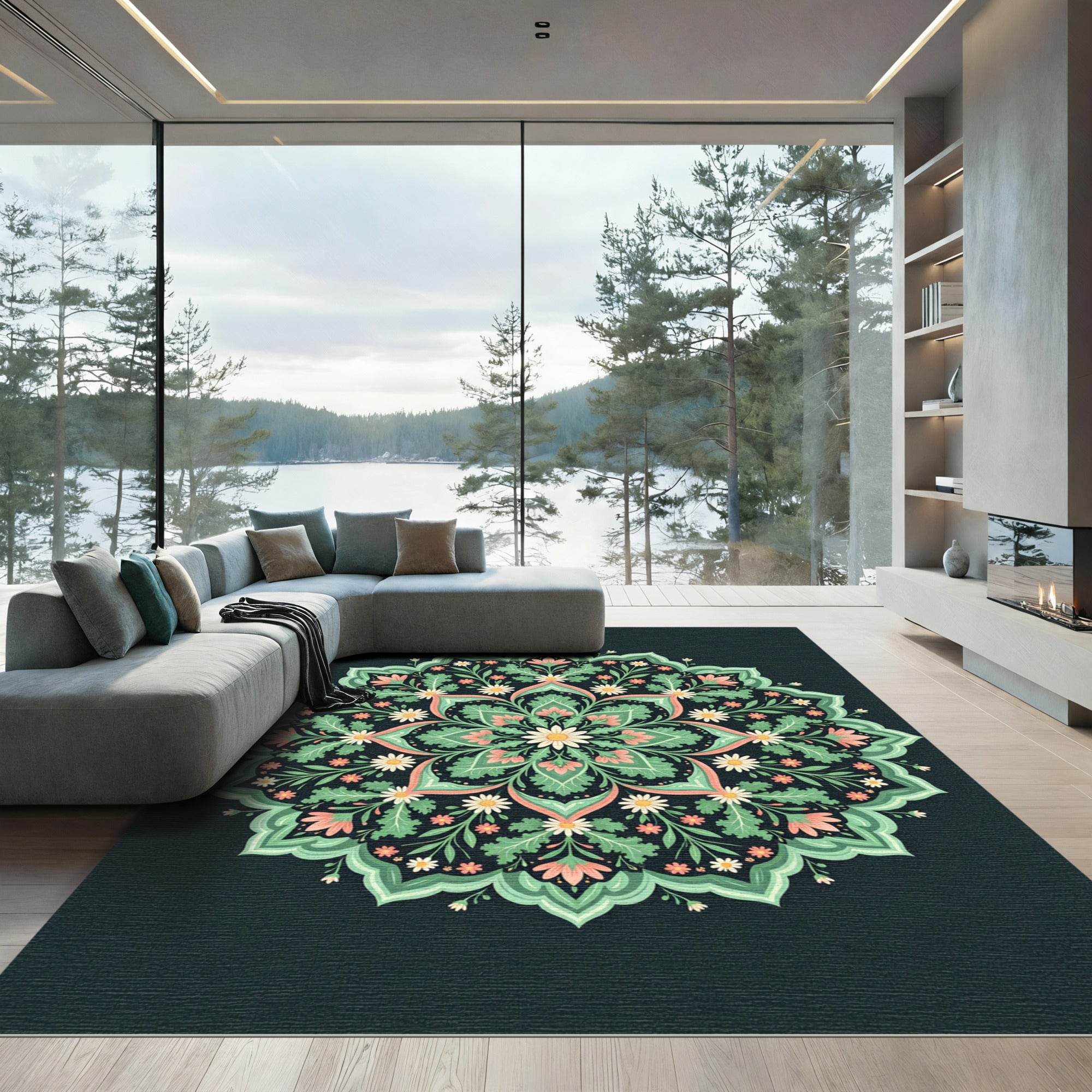 Green Coral Floral Mandala Ornament Jewel Rug
