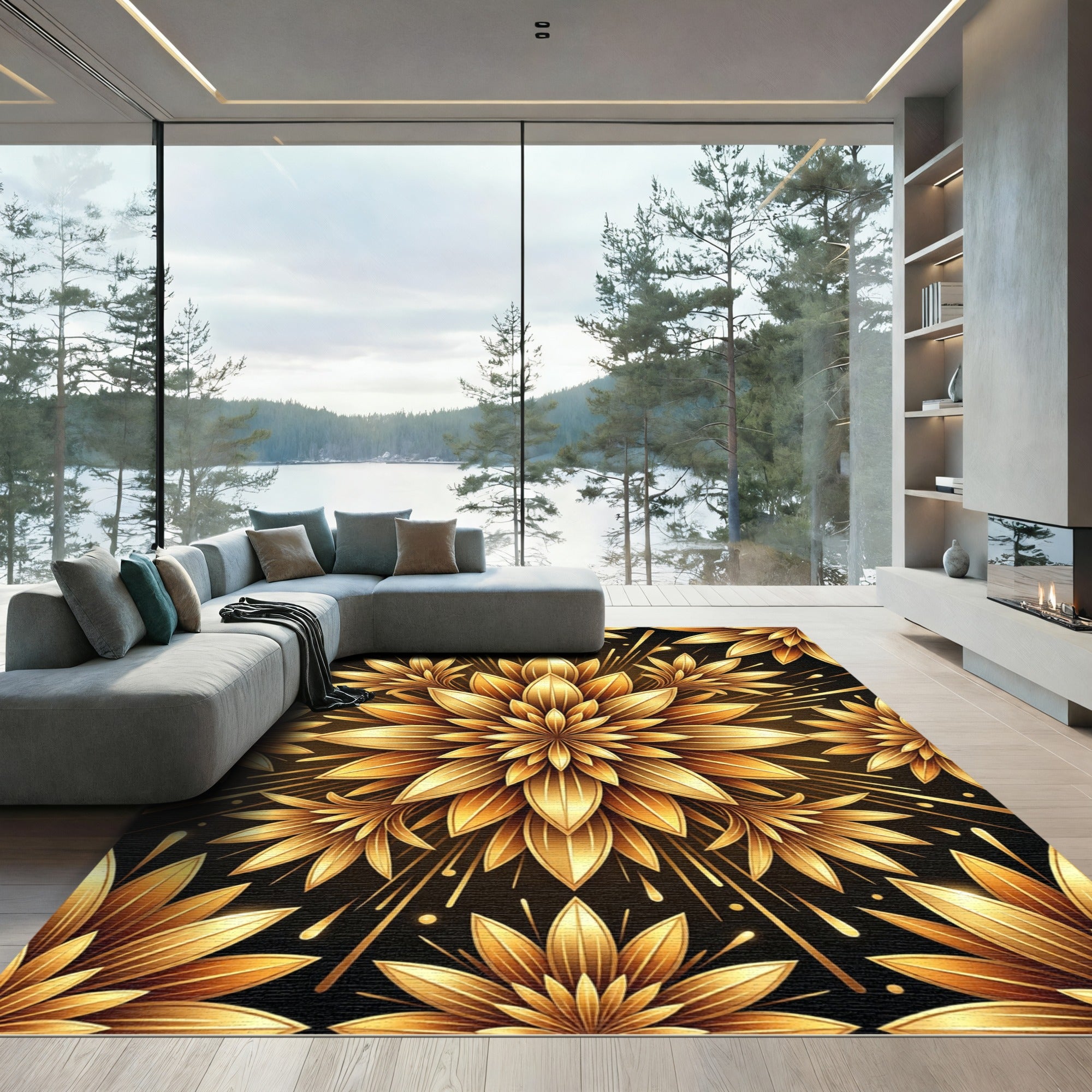 Elegant Radiant Golden Lotus Mandala Rug