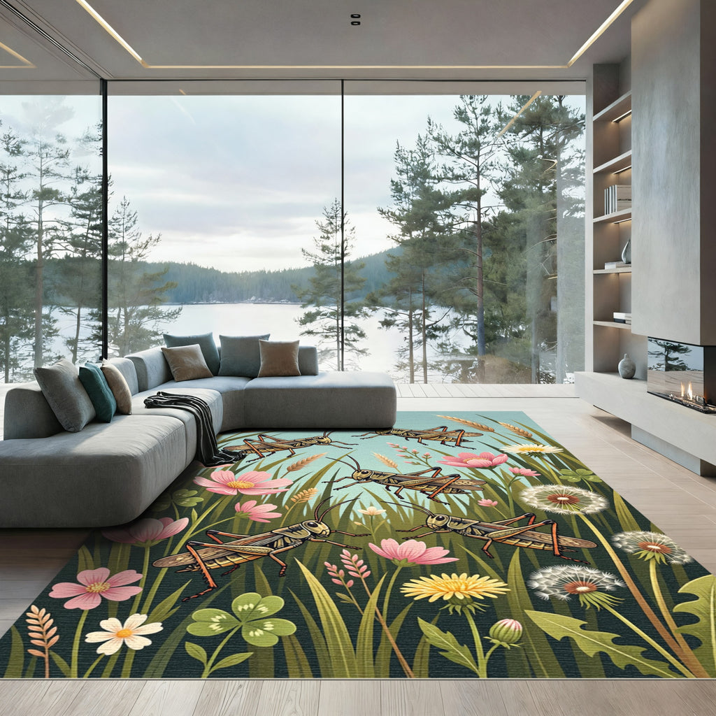 Whimsical Grasshopper Meadow Wildflower Illustration Rug