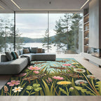 Whimsical Grasshopper Meadow Wildflower Illustration Rug