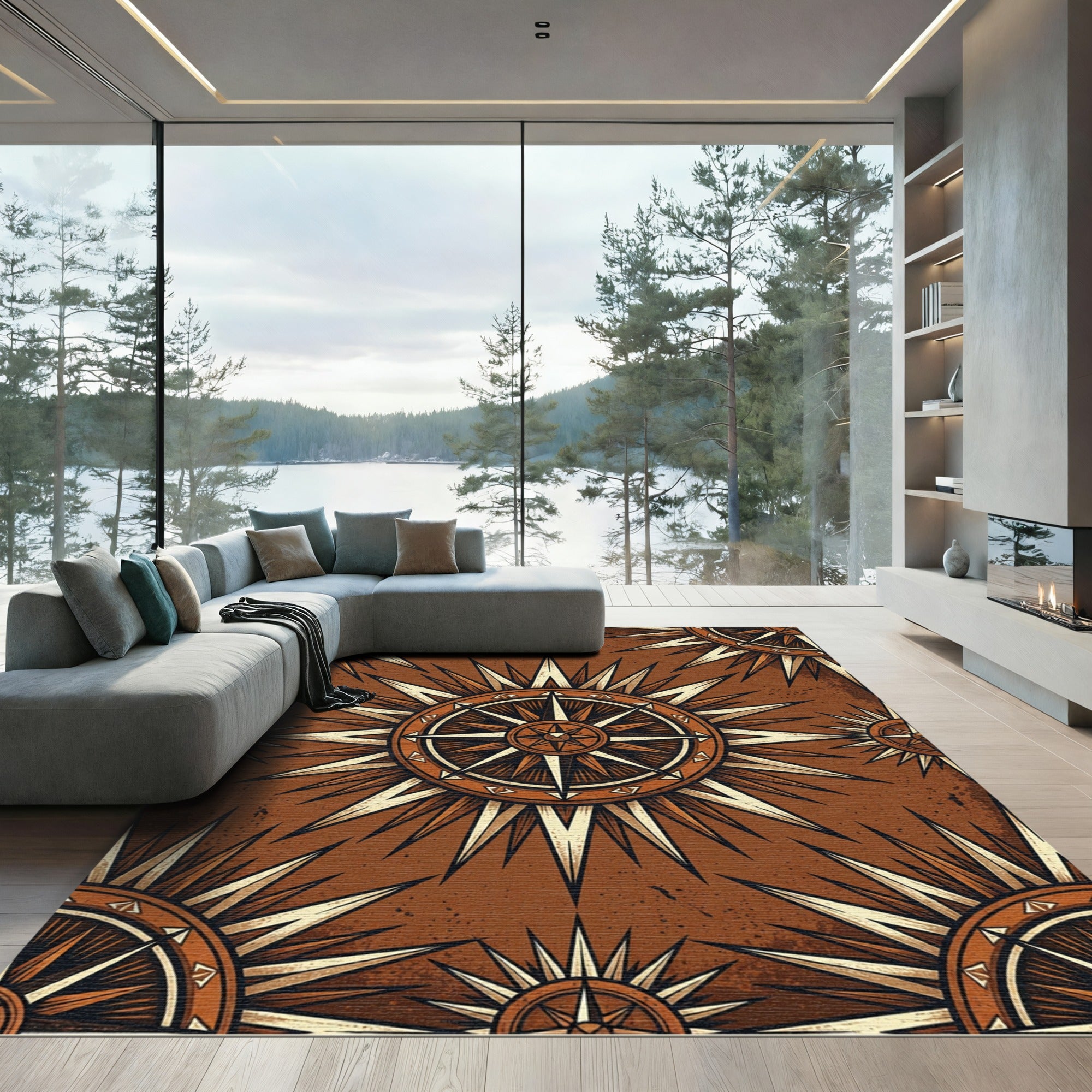 Vintage Bronze Compass Star Medallion Rug