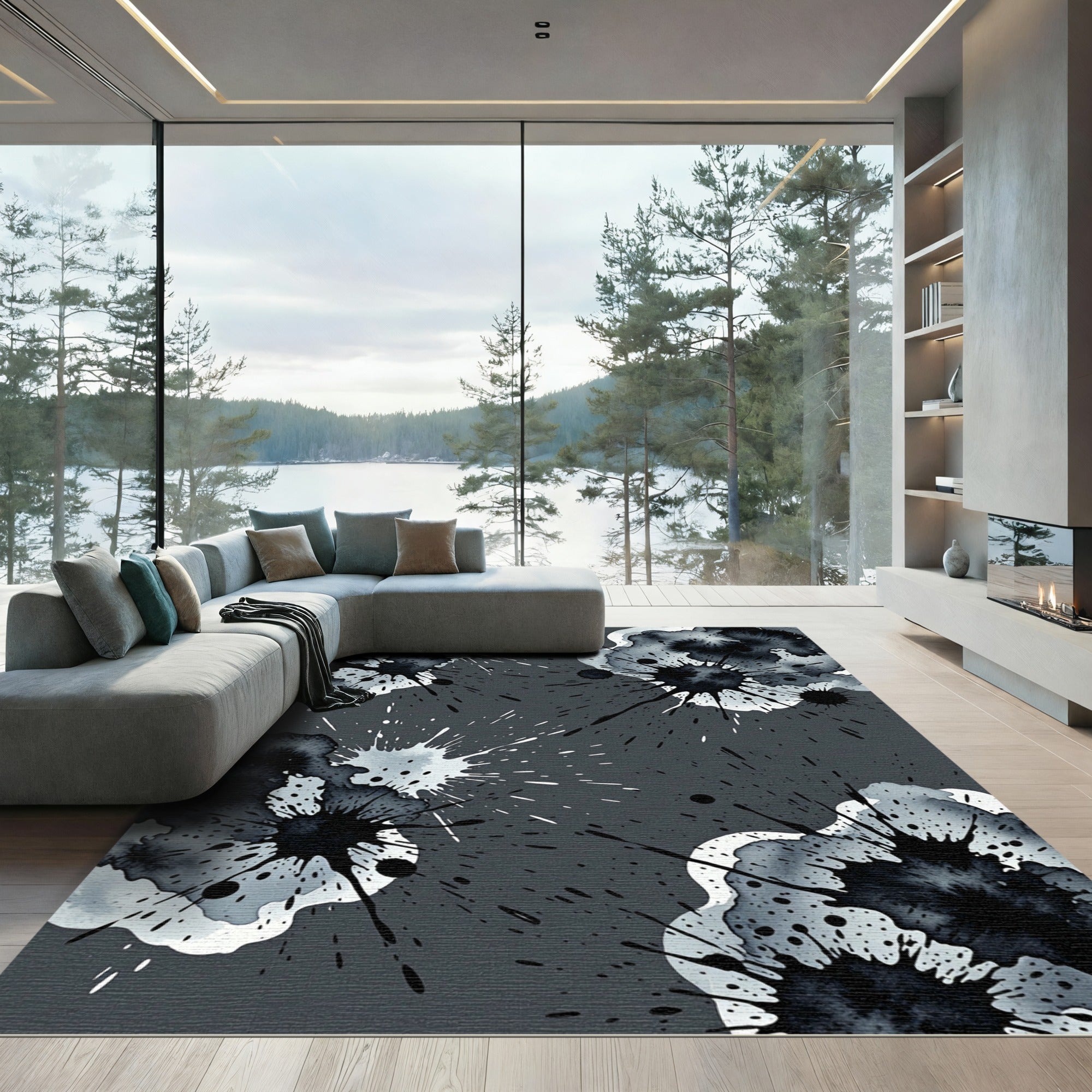 Modern Monochrome Ink Splatter Artful Rug