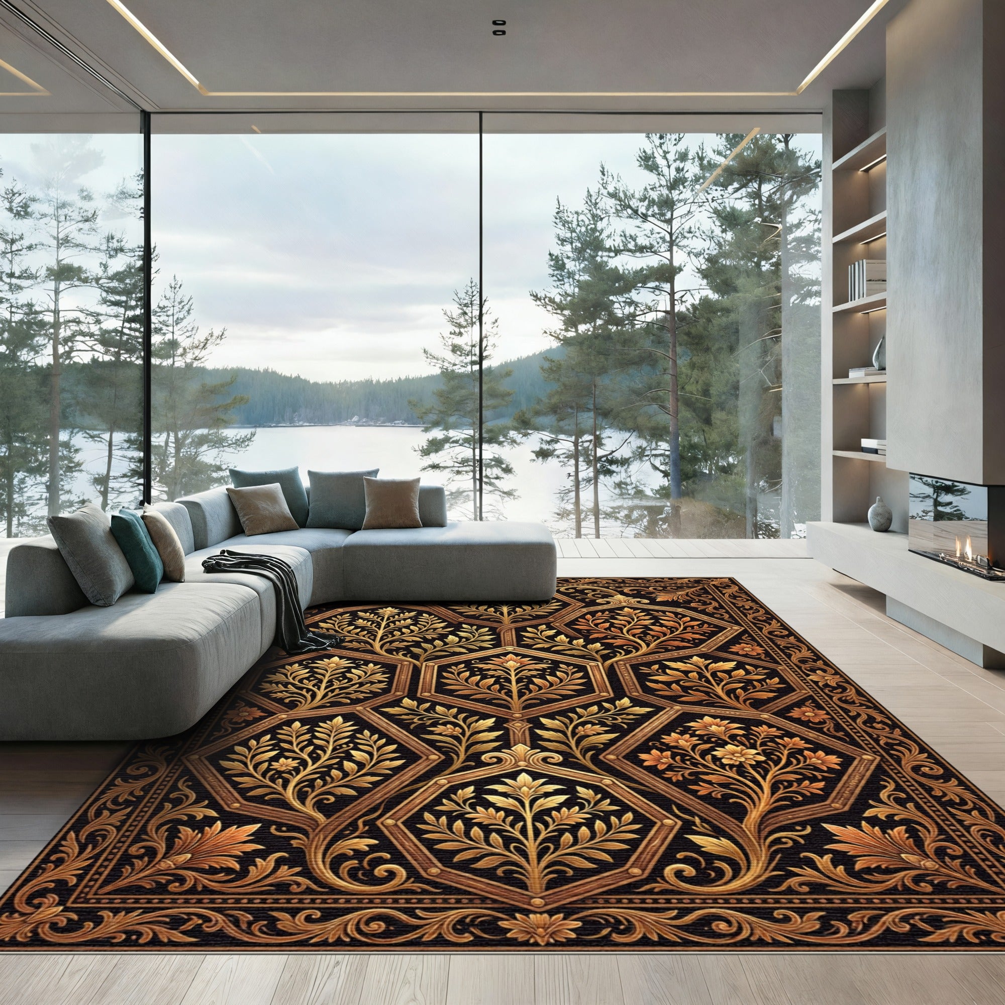 Ornate Black and Gold Hexagonal Floral Rug