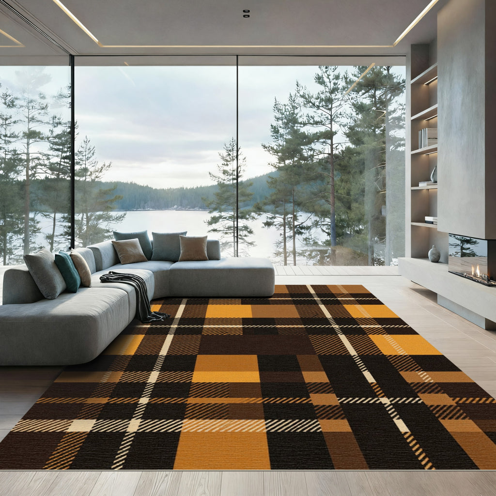 Golden Brown Plaid Tartan Check Rug