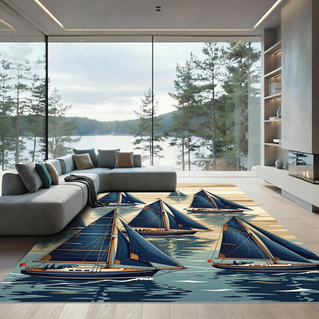 Classic Navy Nautical Sailboat Landscape Rug