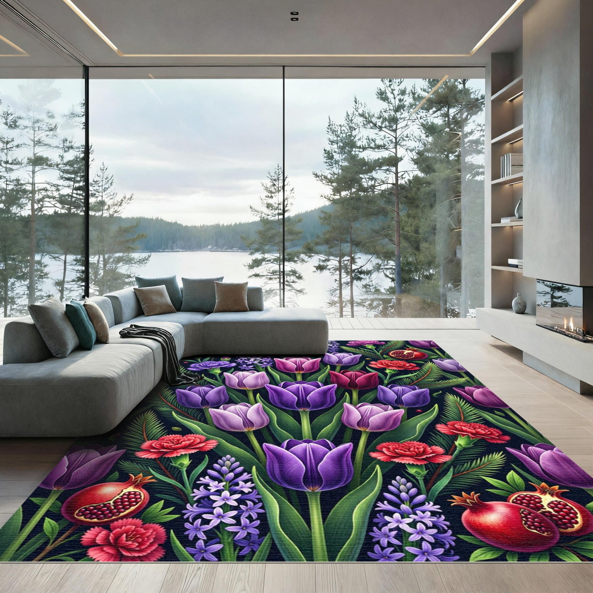 Vibrant Purple Tulip Pomegranate Floral Arrangement Rug