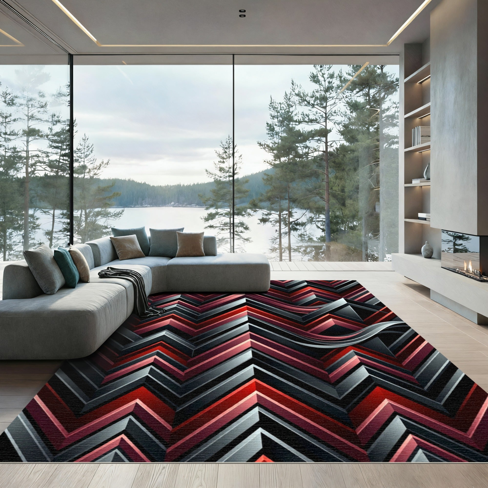 Modern Crimson Black Chevron Wave Rug