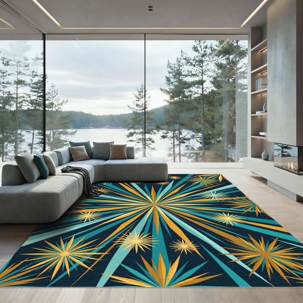 Radiant Teal Gold Sunburst Rug
