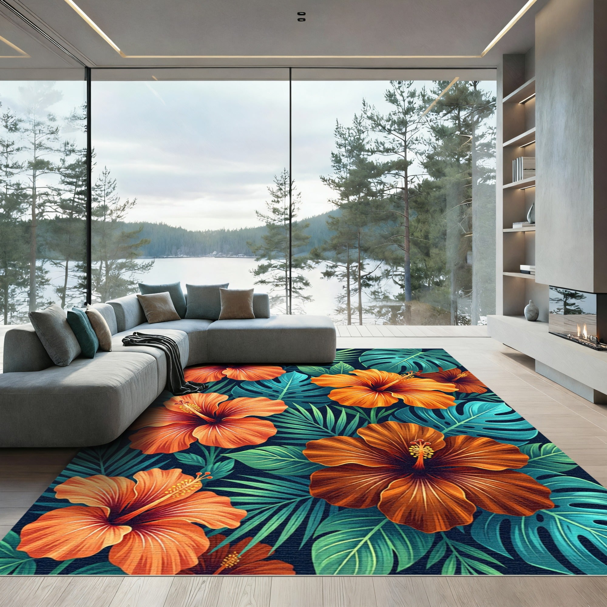 Vibrant Tropical Hibiscus Leaf Botanical Rug