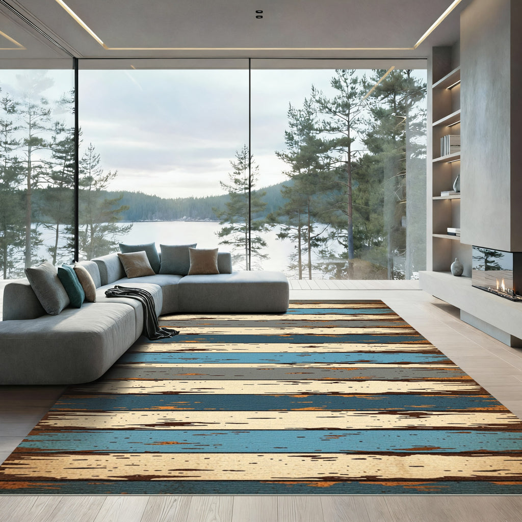 Coastal Distressed Wooden Plank Stripe Rug