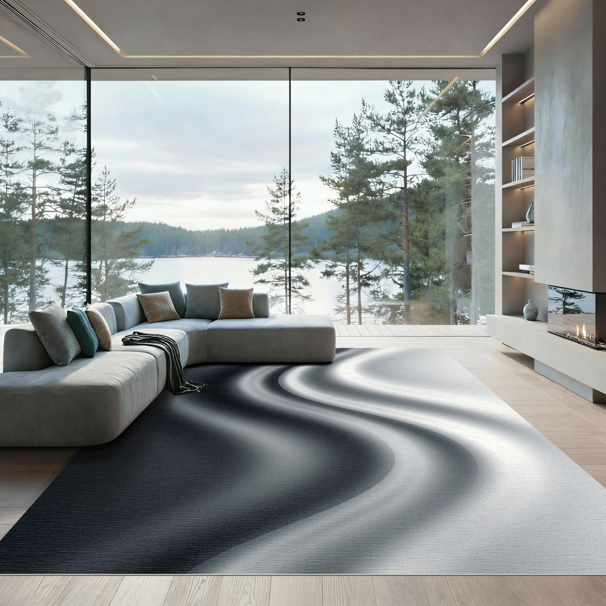 Monochrome Abstract Liquid Wave Surface Rug