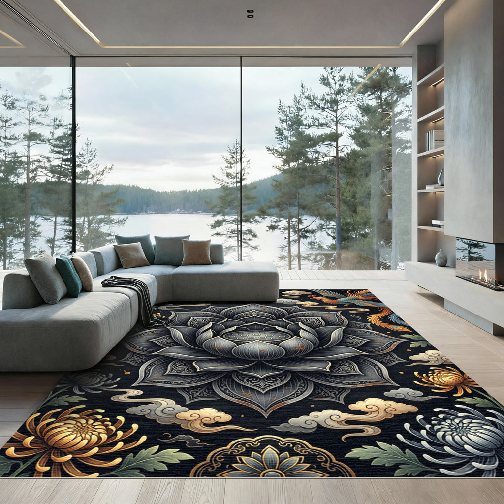 Black Lotus Phoenix Chinoiserie Floral Medallion Rug